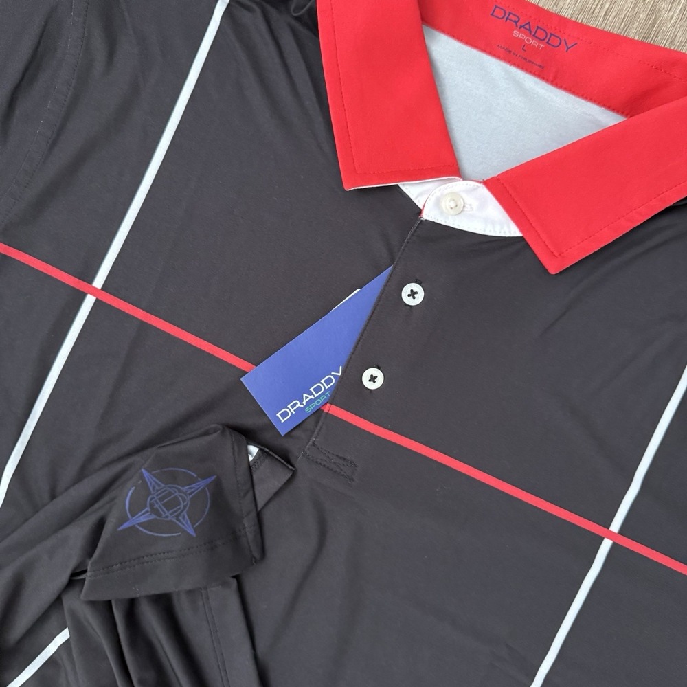 NWT B Draddy Sport Felix Polo Men's L Black Red Striped Short Sleeve Performance